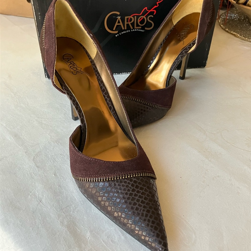 Carlos Santana Suede Snakeskin high heels size 9, ‘OBSESSION BRONZE’, 4” heel
